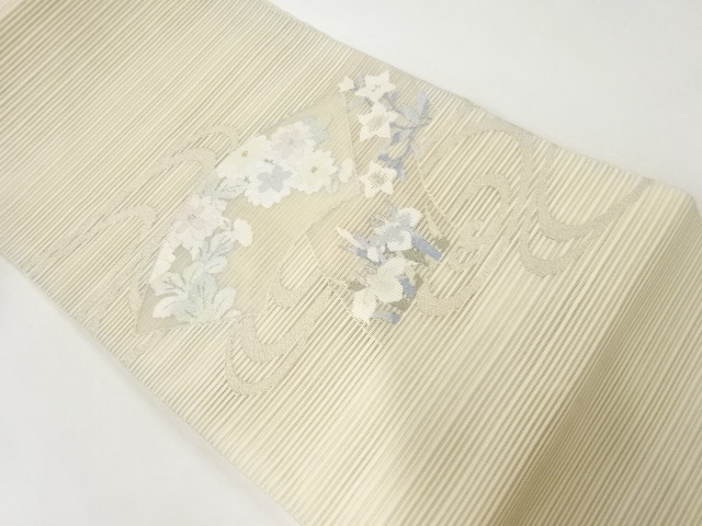 リサイクル　絽綴れ地紙に花模様織出し名古屋帯